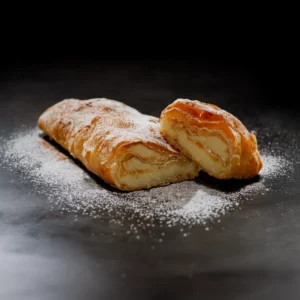 μπουγάτσα με κρέμα και πασπαλισμένη με άχνη